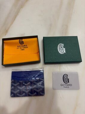 Goyard Navy Blue Goyardine Card Holder with Green Box and Orange Cloth